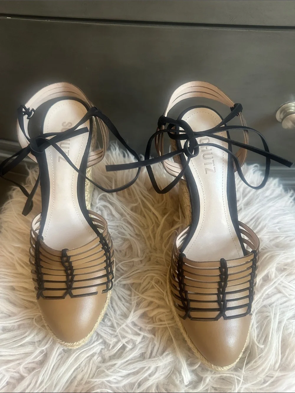 SCHUTZ Tan and Black Lace-Up Espadrille Sandals